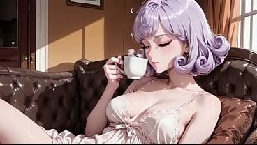 A girl with purple curly hair was subjected to intense exercises in a warm room