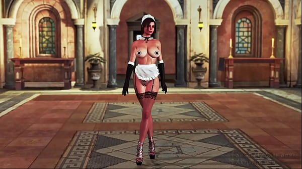 Sultry tonned Lara Croft in maid uniform welcomes guests at country villa