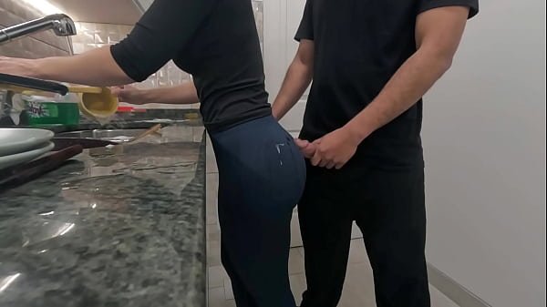 White Maid getting Cum on her Ass while Working in the Kitchen